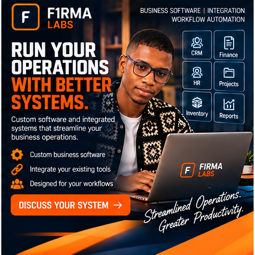 F1RMA Labs promotional flyer: Custom business software and integration
