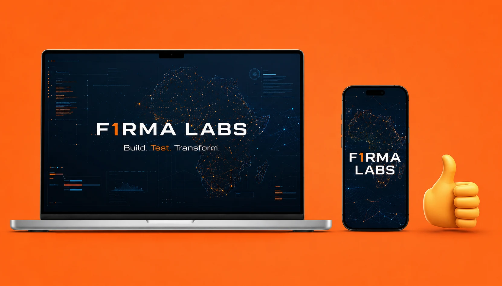 F1RMA Labs laptop and smartphone with African digital network artwork